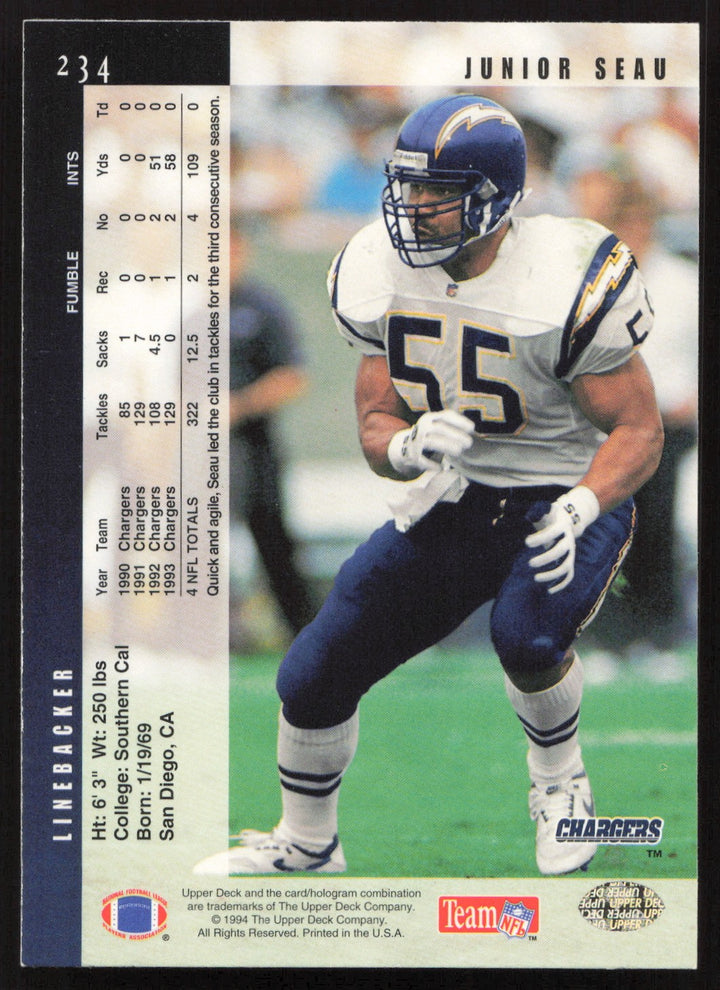 Junior Seau Autographed 1994 Upper Deck Card #234 San Diego Chargers