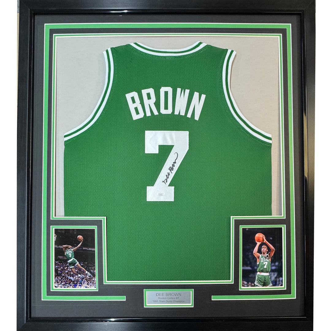 Framed Autographed/Signed Dee Brown 35x39 Boston Green Jersey JSA COA