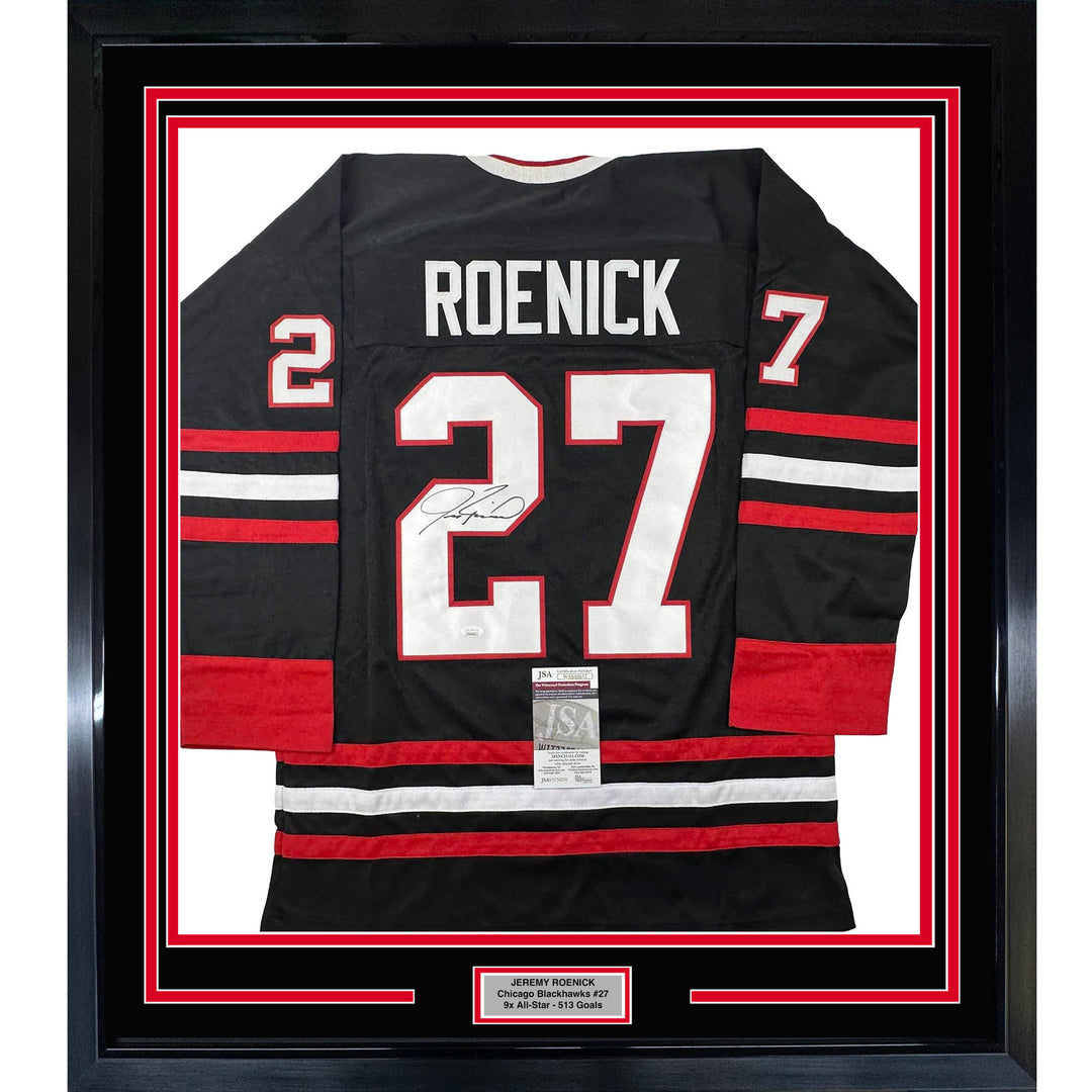Framed Autographed/Signed Jeremy Roenick 33x42 Chicago Black Jersey JSA COA