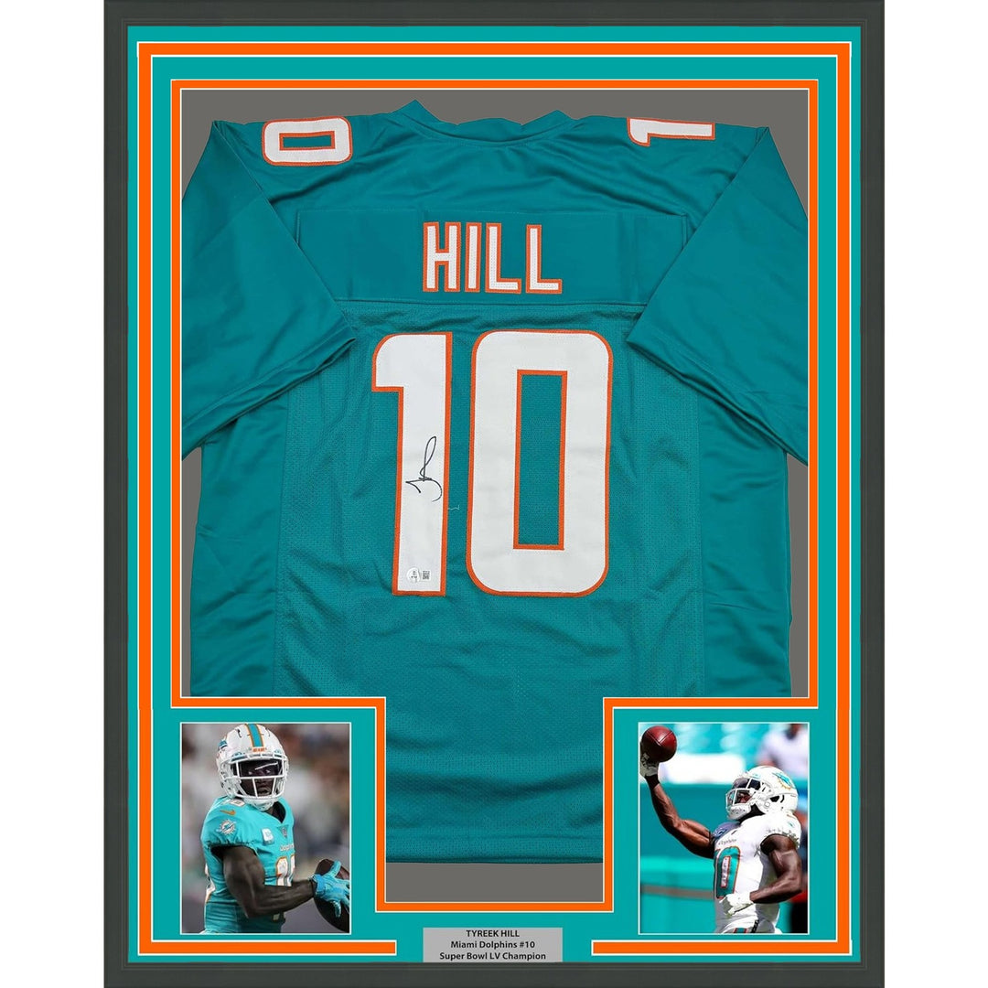 Framed Autographed/Signed Tyreek Hill 35x39 Miami Teal Jersey Beckett COA