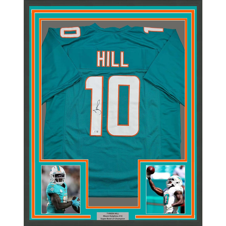 Framed Autographed/Signed Tyreek Hill 35x39 Miami Teal Jersey Beckett COA
