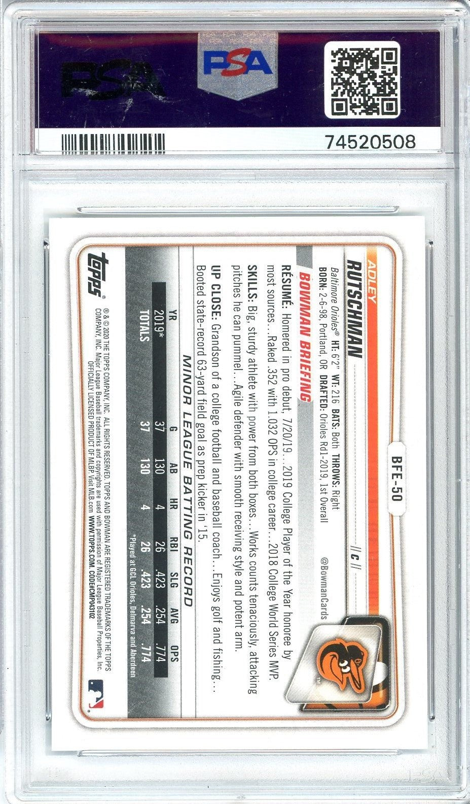 Graded 2020 Topps Bowman Adley Rutschman #BFE50 Sky Blue Card PSA 10