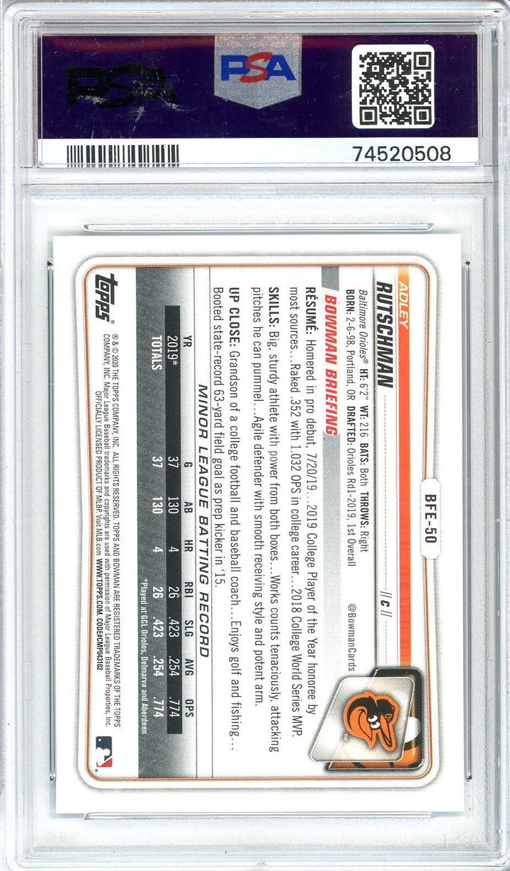 Graded 2020 Topps Bowman Adley Rutschman #BFE50 Sky Blue Card PSA 10