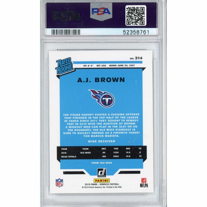 Graded 2019 Panini Donruss AJ A.J. BROWN #314 Rookie RC Football Card PSA 10