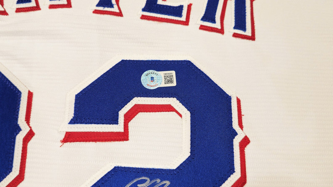Rangers Evan Carter Auto White Nike Jersey Size 2XLT "23 WS Champs" Beckett Wit