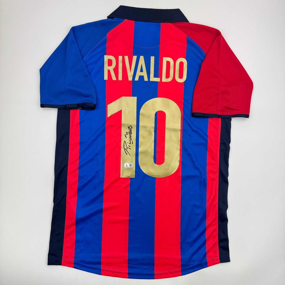 Autographed/Signed Rivaldo Ferreira FC Barcelona Blue Jersey Beckett COA