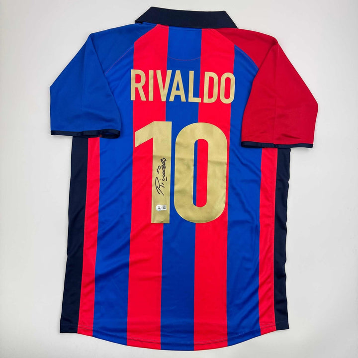 Autographed/Signed Rivaldo Ferreira FC Barcelona Blue Jersey Beckett COA