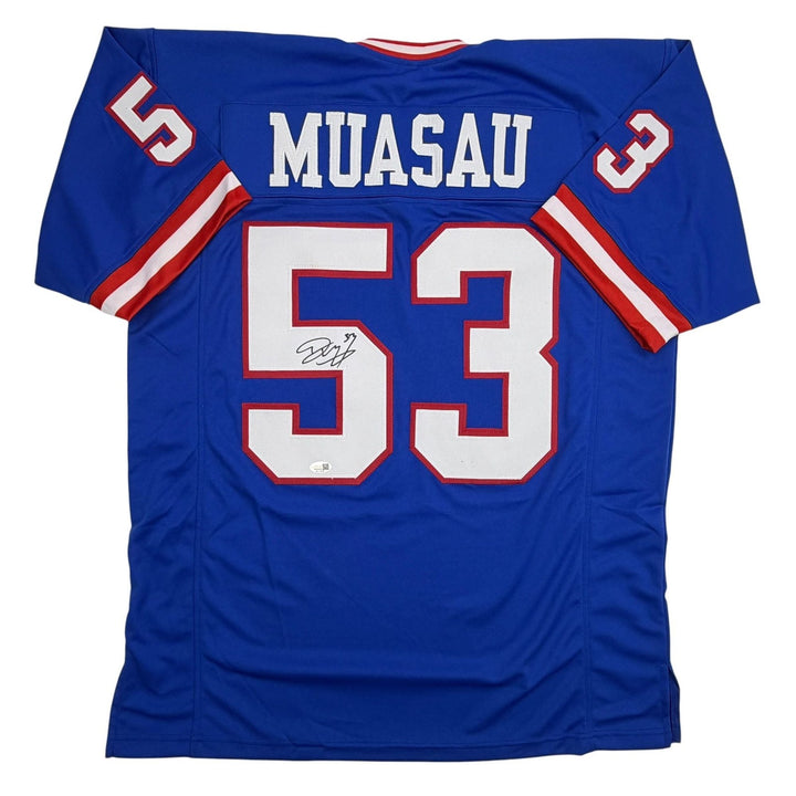 Autographed/Signed Darius Muasau New York Blue Retro Football Jersey JSA COA