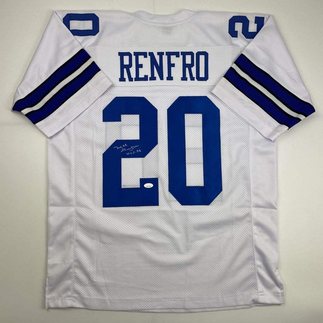 Autographed/Signed Mel Renfro HOF 96 Dallas White Football Jersey JSA COA