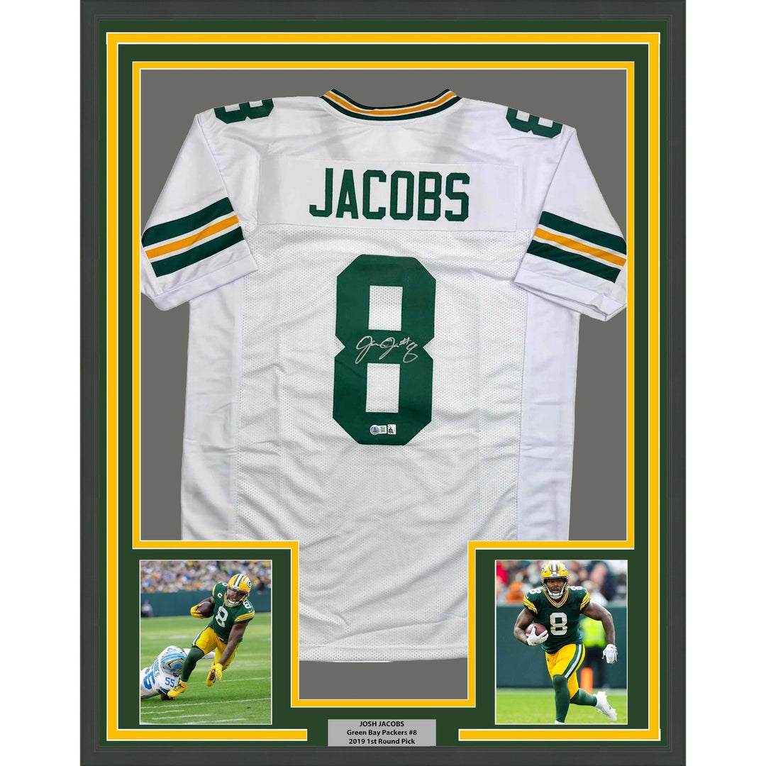 Framed Autographed/Signed Josh Jacobs 35x39 Green Bay White Jersey BAS COA
