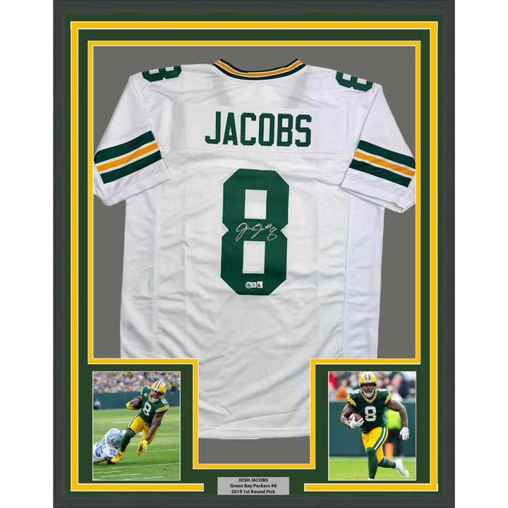 Framed Autographed/Signed Josh Jacobs 35x39 Green Bay White Jersey BAS COA