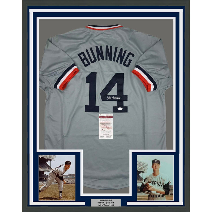 FRAMED Autographed/Signed JIM BUNNING 33x42 Detroit Grey Baseball Jersey JSA COA