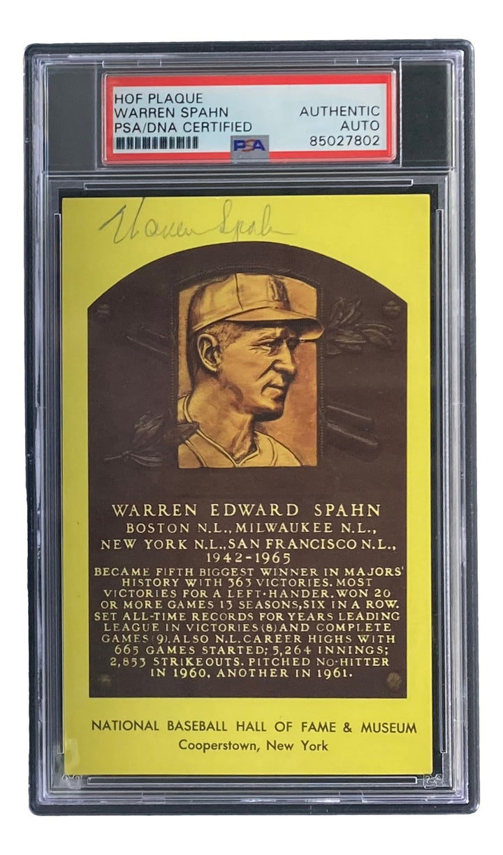 Warren Spahn Signed 4x6 Milwaukee Braves Hall Of Fame Plaque Card PSA/DNA