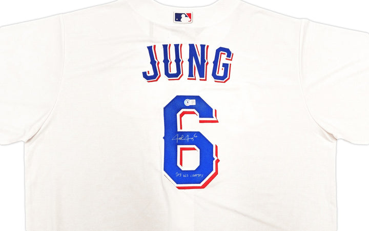 Rangers Josh Jung Signed White Nike Jersey Size 2XLT "23 WS Champs" Beckett Wit