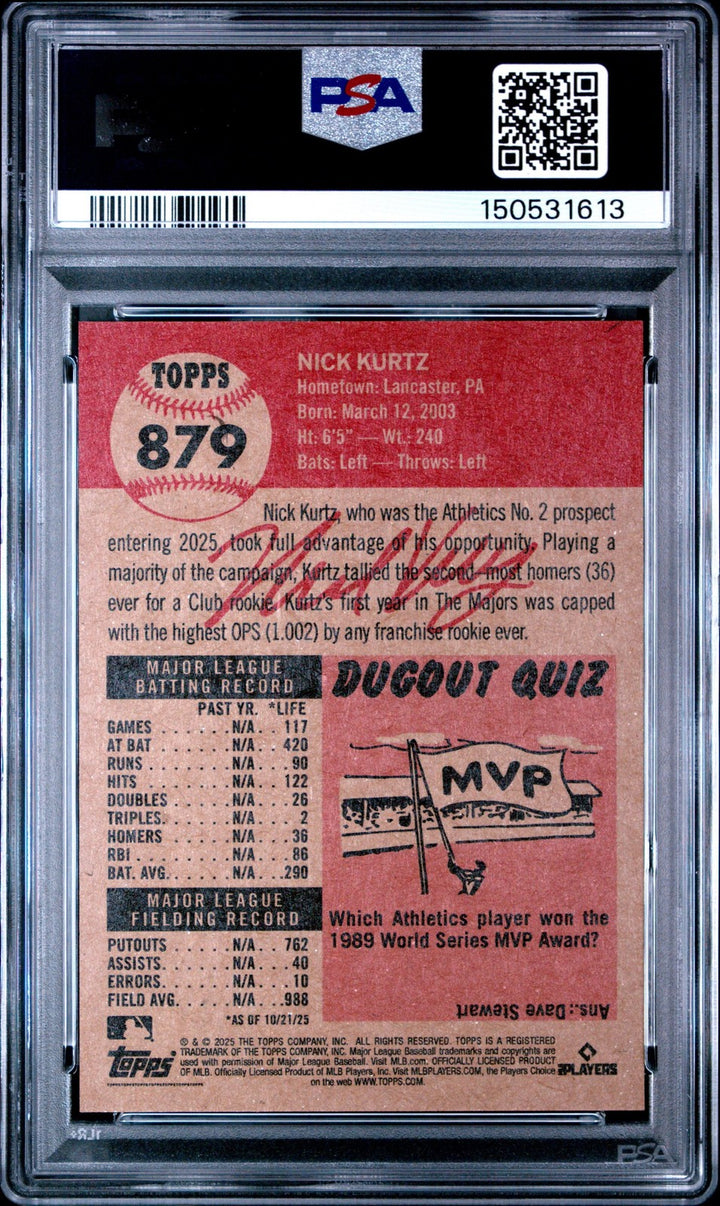 Graded 2025 Topps Living Nick Kurtz #879 Rookie RC Card PSA 10 Gem Mint