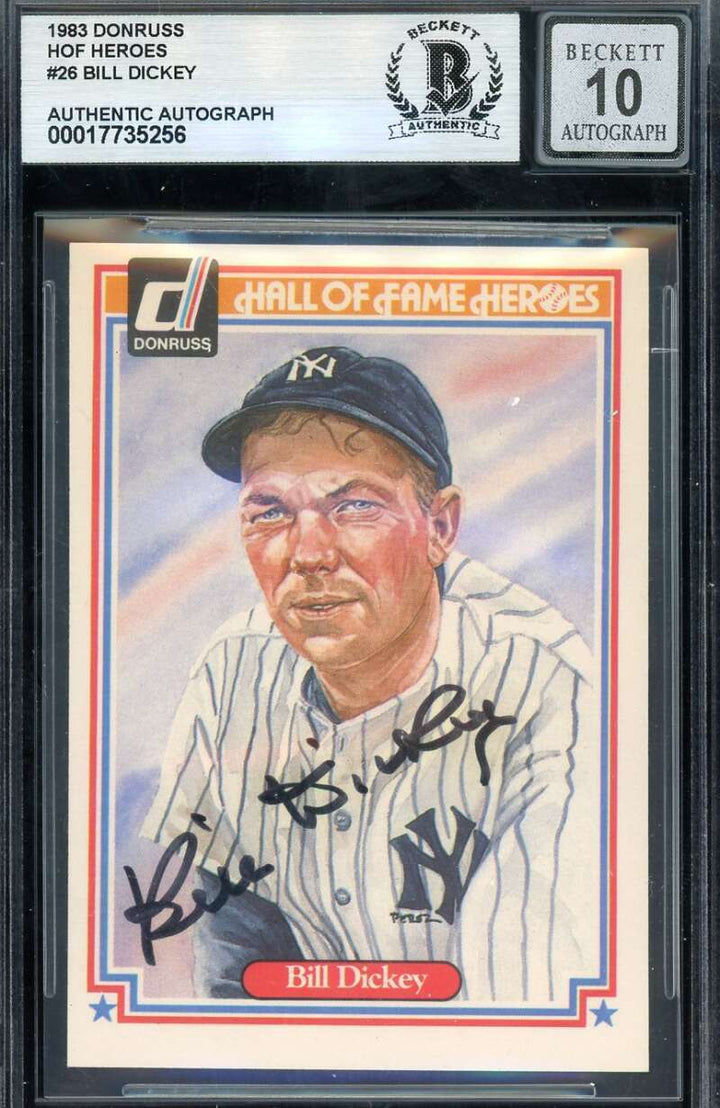 Bill Dickey Gem Mint 10 Beckett BAS Signed 1983 Donruss HOF Heroes Autograph