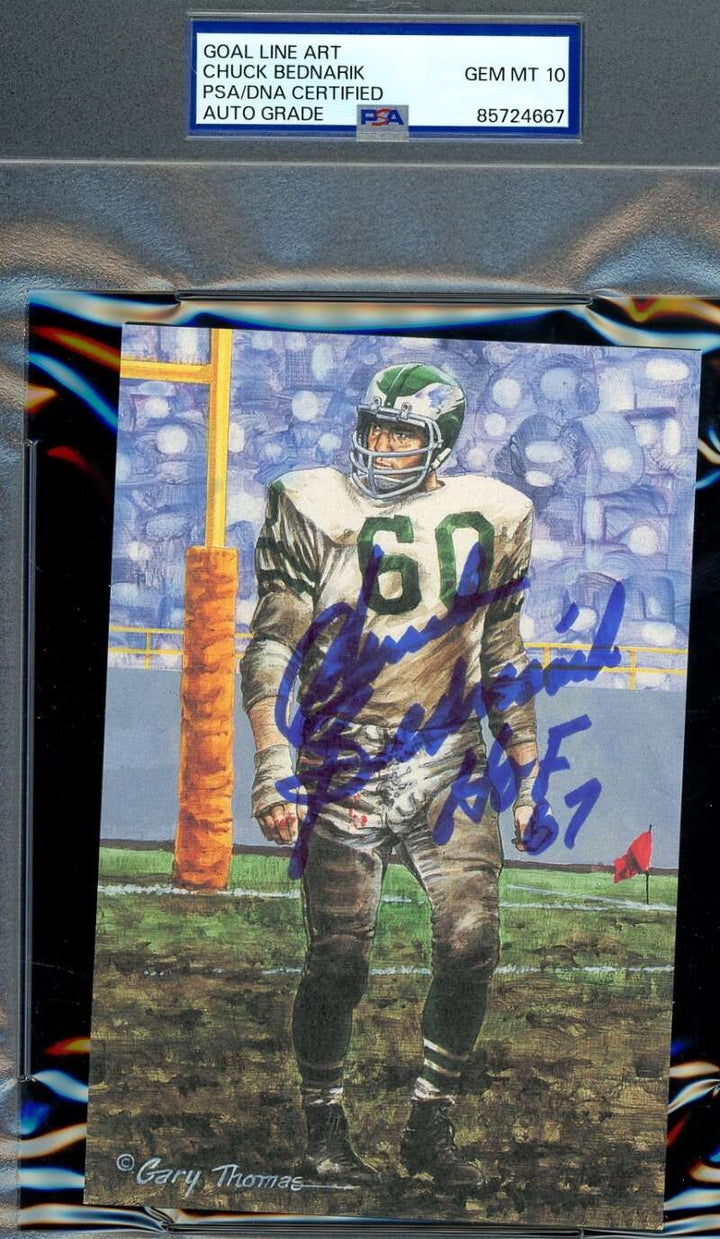 Chuck Bednarik Gem Mint 10 PSA DNA Signed Goal Line Art Card GLAC Auto HOF 67