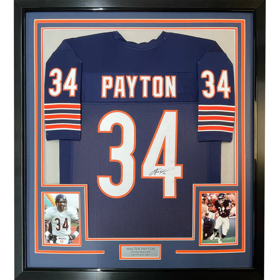 Framed Facsimile Autographed Walter Payton 33x42 Chicago Blue Reprint Jersey
