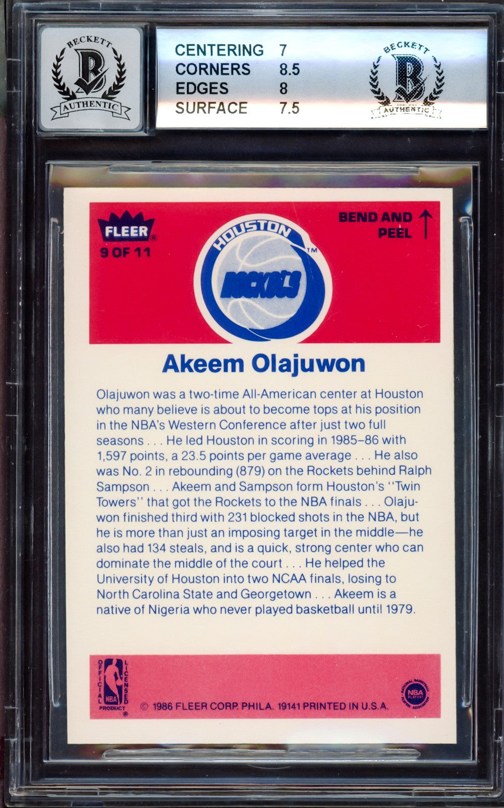 Hakeem Olajuwon Auto 1986-87 Fleer Stickers RC 9 Rockets BGS 7.5 Sig 10 Beckett