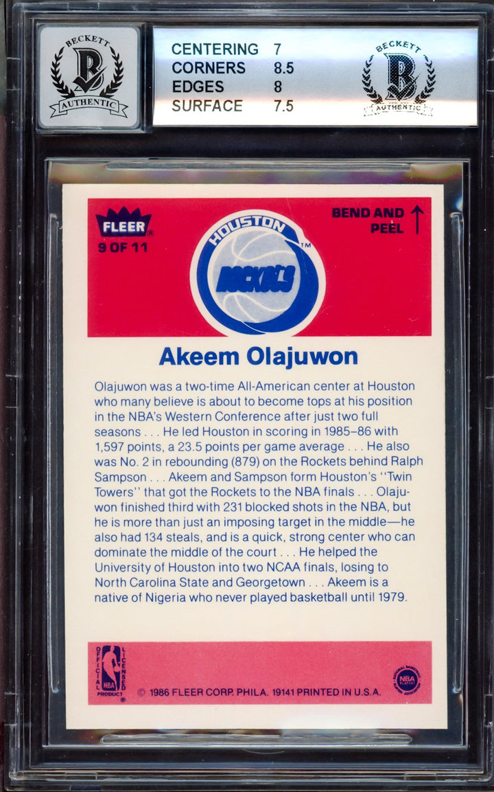 Hakeem Olajuwon Auto 1986-87 Fleer Stickers RC 9 Rockets BGS 7.5 Sig 10 Beckett