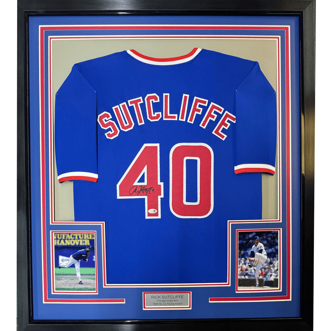 Framed Autographed/Signed Rick Sutcliffe 35x39 Chicago Blue Jersey BAS COA
