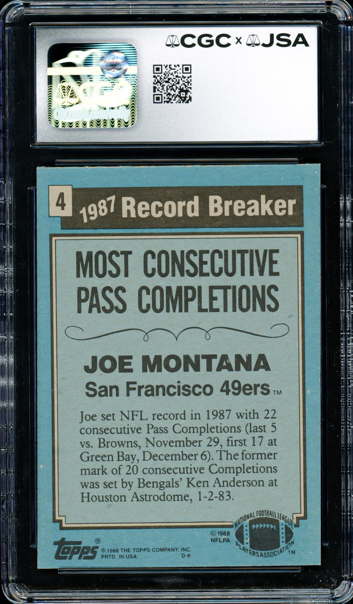 Joe Montana Signed 1988 Topps Card 4 San Francisco 49ers Auto GM 10 CGC x JSA