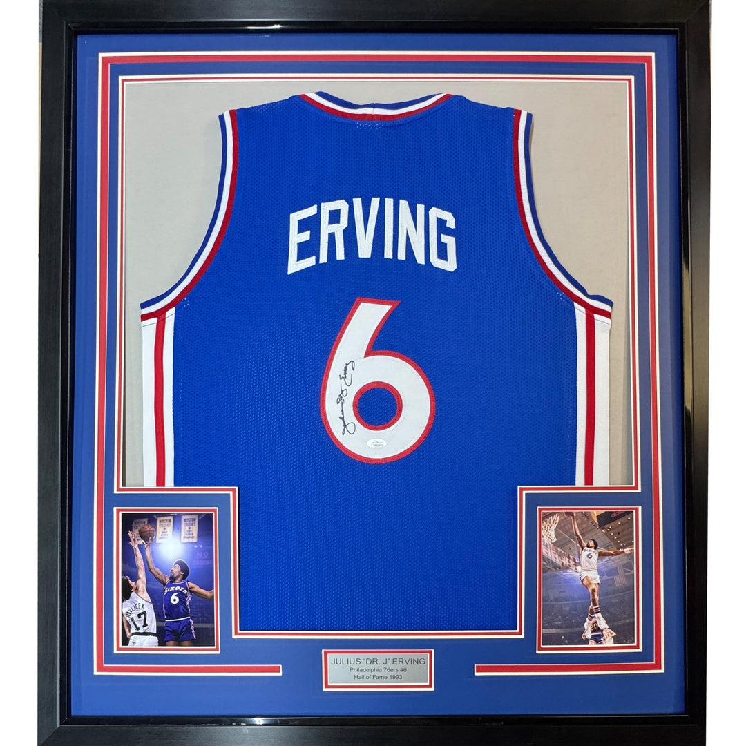 Framed Signed Julius Erving Dr. J 35x39 Philly Blue Jersey JSA COA