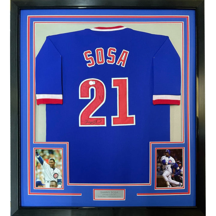 Framed Autographed/Signed Sammy Sosa 35x39 Chicago Blue Jersey JSA COA