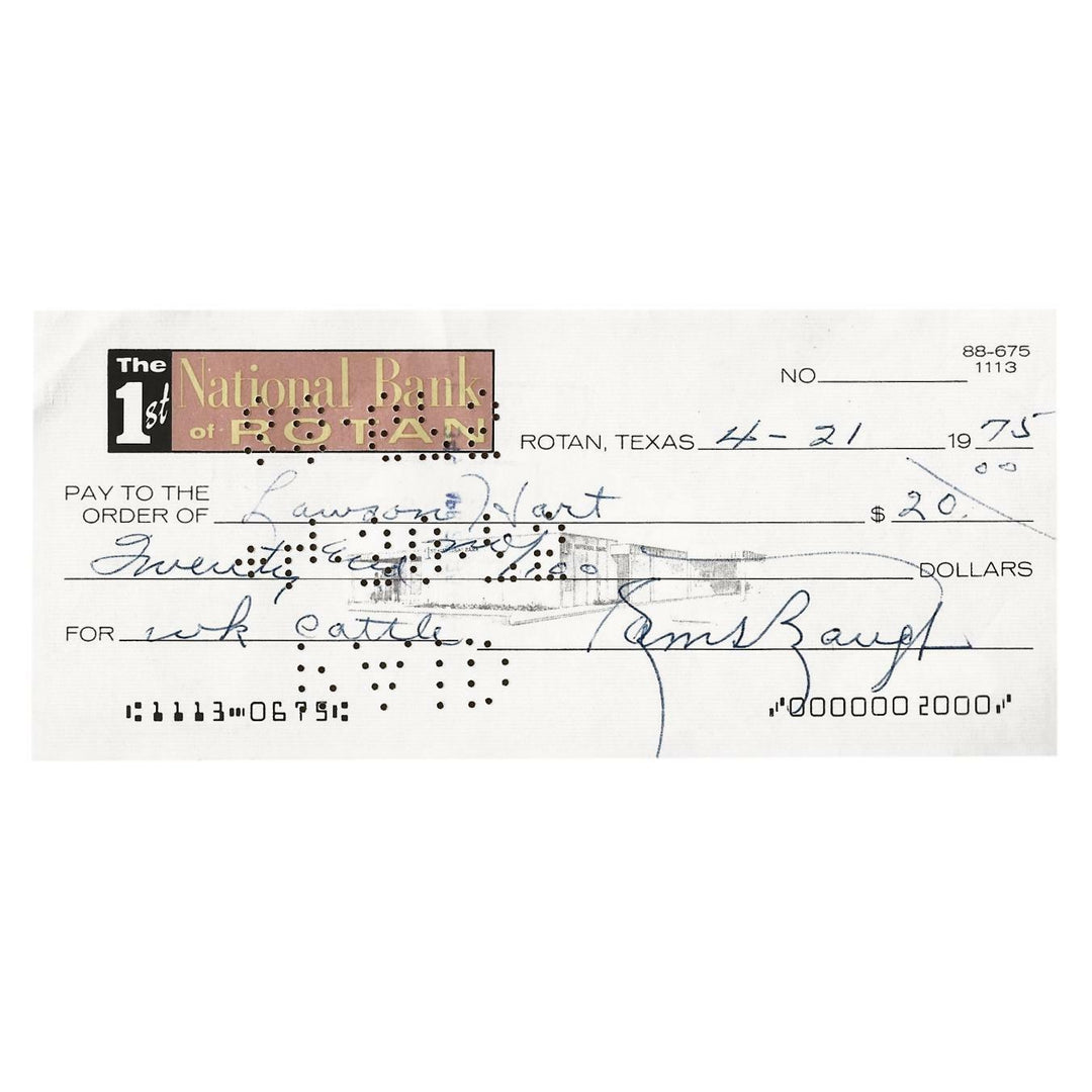 Sammy Baugh Hand Signed Personal Check 1975 JSA COA Washington Autograph Slingin