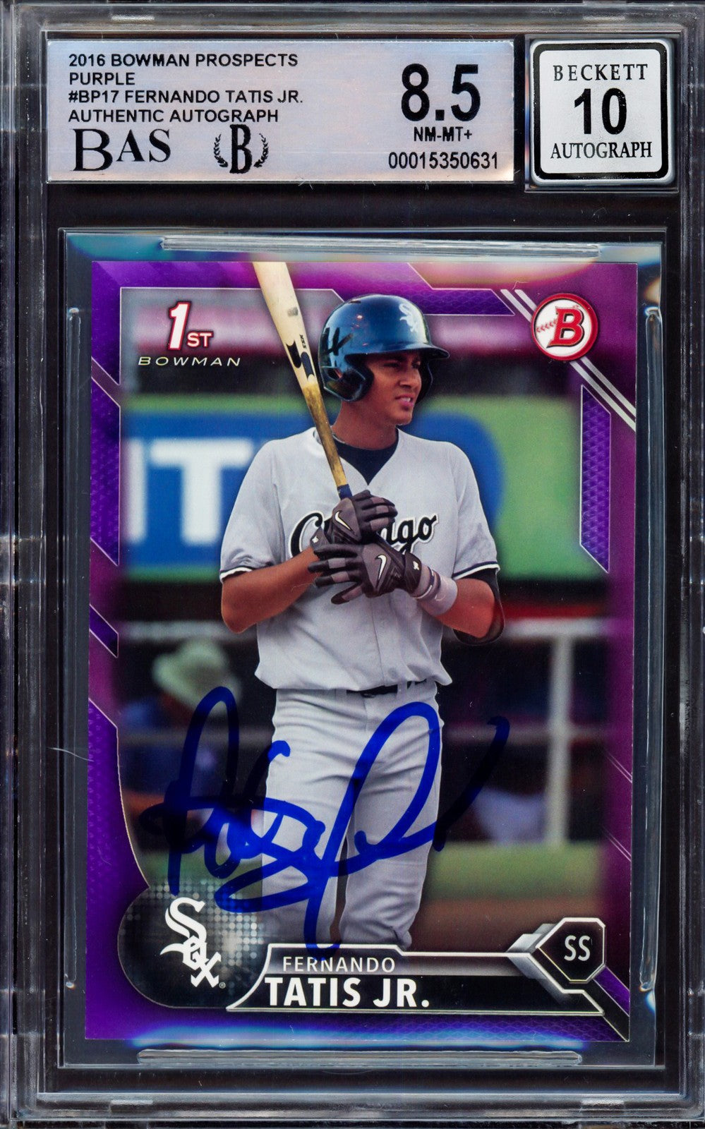 Fernando Tatis Jr Auto 2016 Bowman Prospect Purple RC BP17 BGS 8.5 Sig 10 #/250