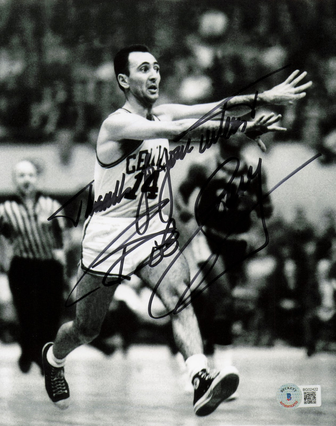 Bob Cousy Signed 8x10 Photo Celtics "Thanks For Your Wishes" Beckett #BG02422
