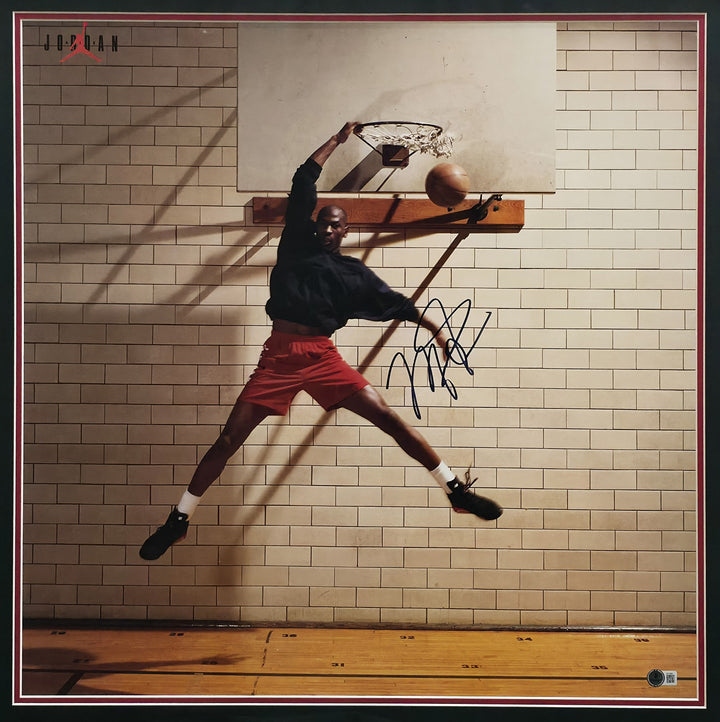 Michael Jordan Signed Framed Nike Air Dunking 24x24 Poster Photo Beckett AE16681