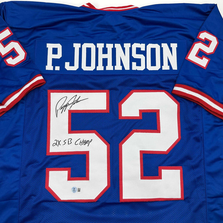 Autographed/Signed Pepper Johnson 2x Champ New York Blue Jersey Beckett COA