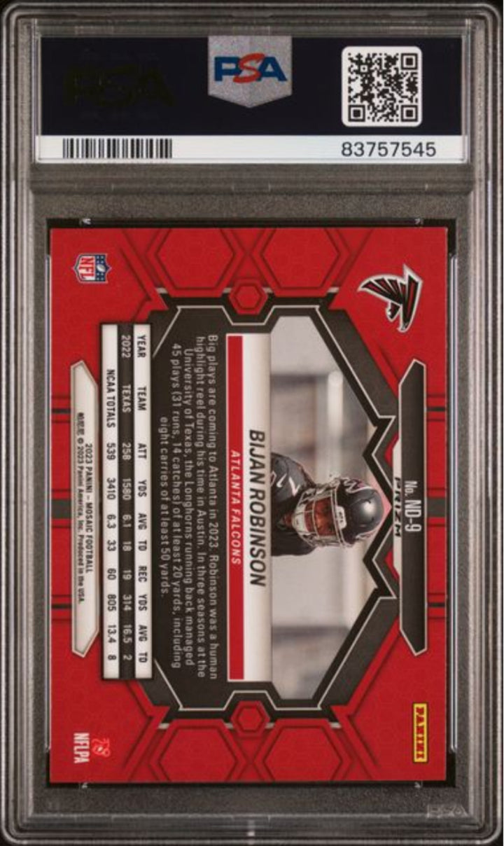Graded 2023 Panini Mosaic Bijan Robinson #ND9 Silver Rookie RC Card PSA 10 Mint