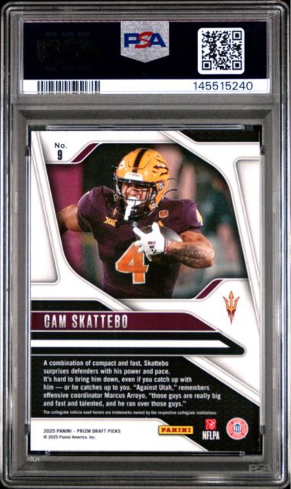 Graded 2025 Panini Prizm Draft Picks Cam Skattebo #9 Rookie Football Card PSA 10