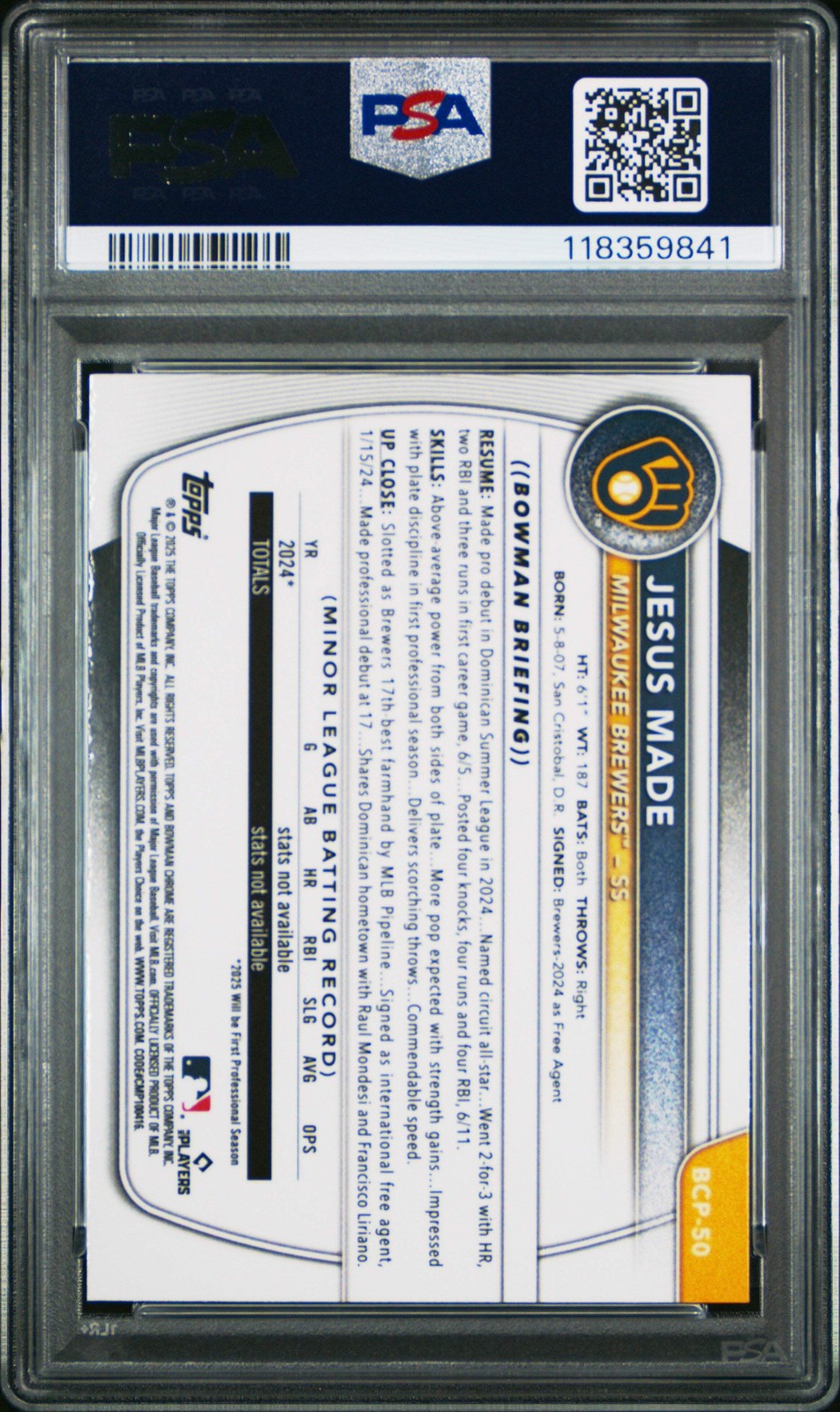 Graded 2025 Bowman Jesus Made #BCP50 Reptilian Refractor RC Baseball Card PSA 10