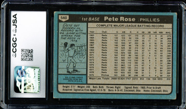 Pete Rose Signed 1980 Topps Card 540 Philadelphia Phillies CGC x JSA