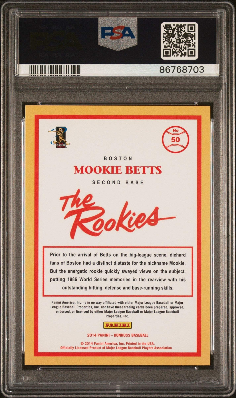 Graded 2014 Panini Donruss Mookie Betts #50 The Rookies RC Baseball Card PSA 10