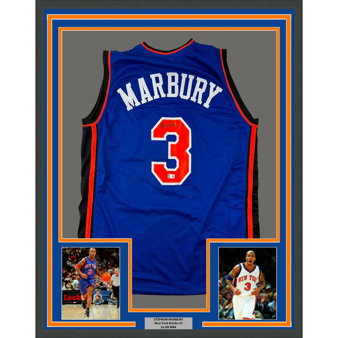 Framed Autographed/Signed Stephon Marbury 33x42 New York Blue Jersey COA