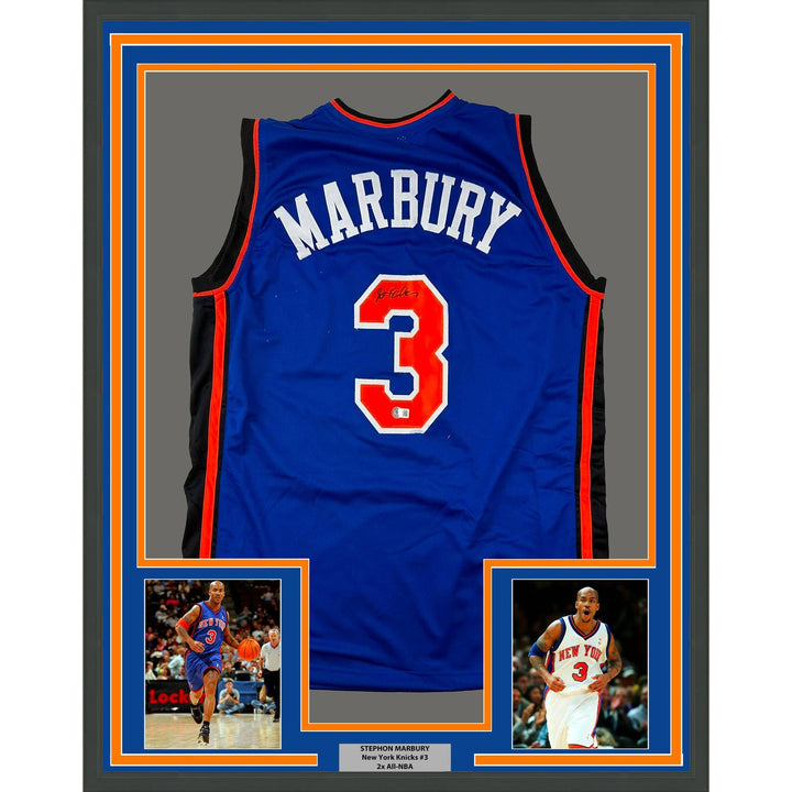 Framed Autographed/Signed Stephon Marbury 33x42 New York Blue Jersey COA