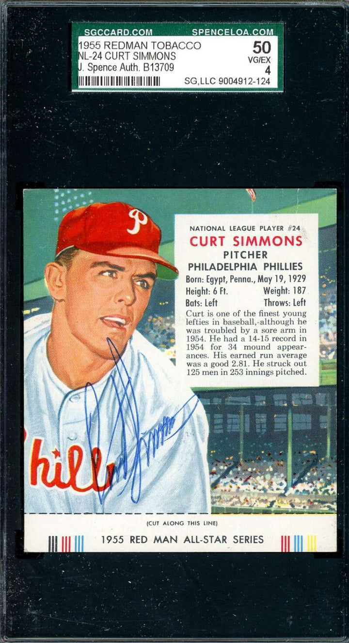 Curt Simmons JSA SGC Coa Signed 1955 Red Man Tobacco With Tab Autograph