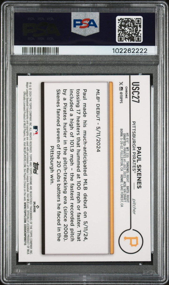 Graded 2024 Topps Chrome Update Paul Skenes #USC27 Rookie Baseball Card PSA 10