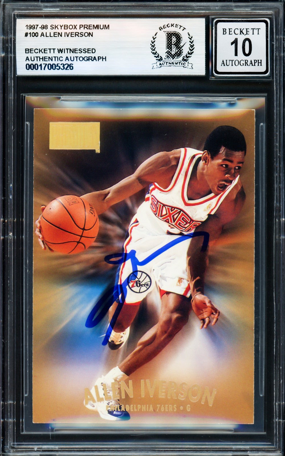 Allen Iverson Auto 1997-98 Skybox Premium Card 100 Card 76ers Auto 10 Beckett