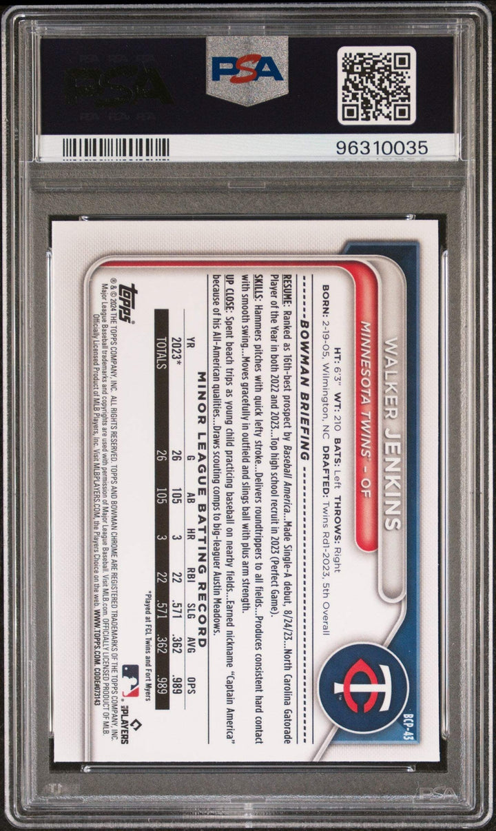 Graded 2024 Bowman Walker Jenkins #BCP43 Chrome Prospects Baseball Card PSA 10