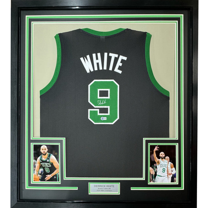 Framed Autographed/Signed Derrick White 35x39 Black Basketball Jersey BAS COA