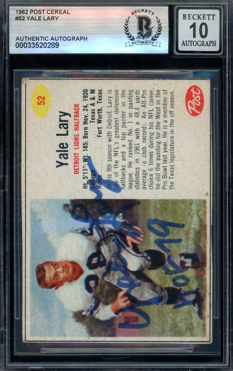 Yale Lary Gem Mint 10 Beckett BAS Signed 1962 Post Cereal Autograph