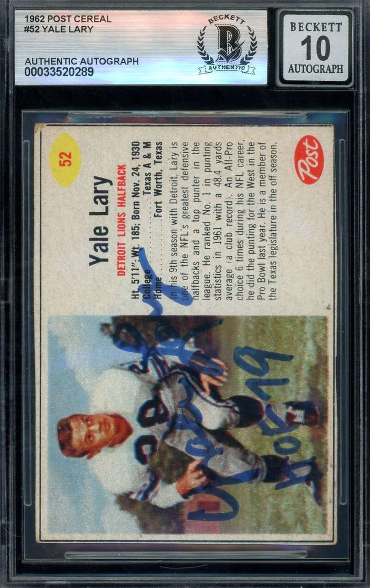 Yale Lary Gem Mint 10 Beckett BAS Signed 1962 Post Cereal Autograph