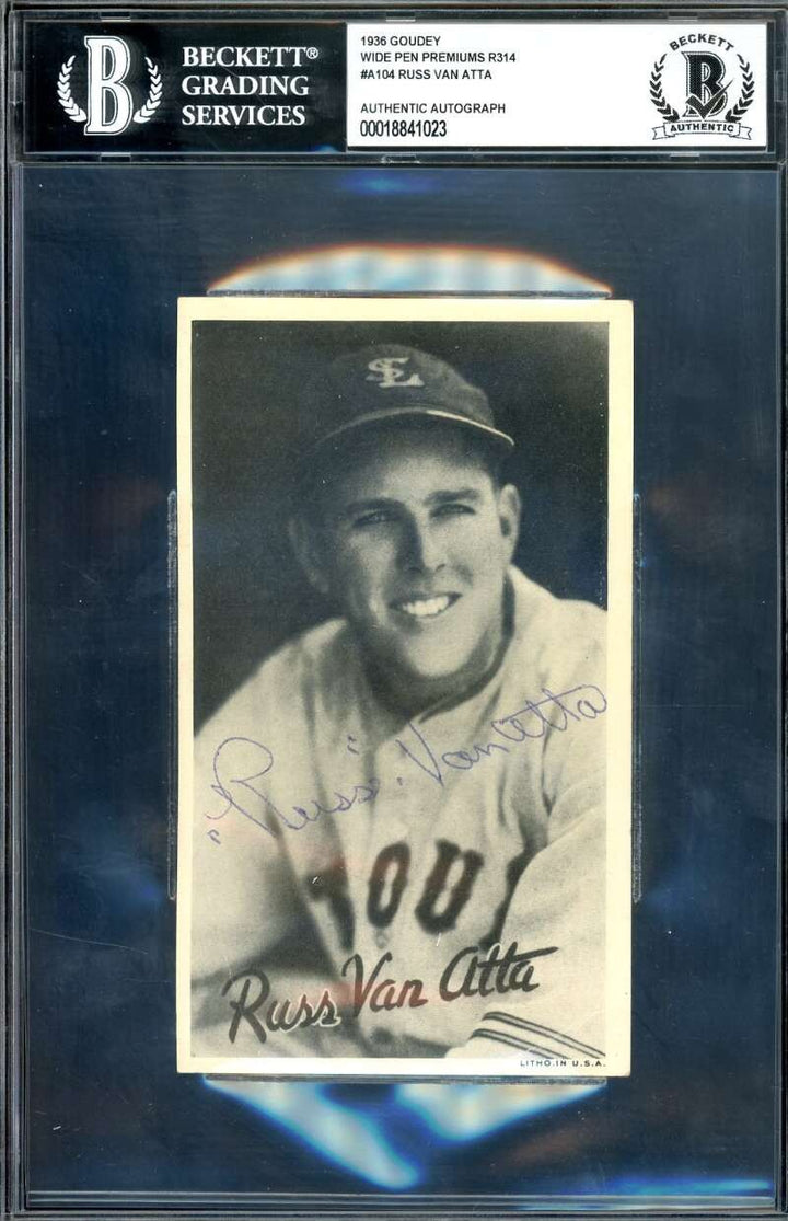 Russ Van Atta Beckett BAS Signed 1936 Goudey Wide Pen Premiums R314 Autograph