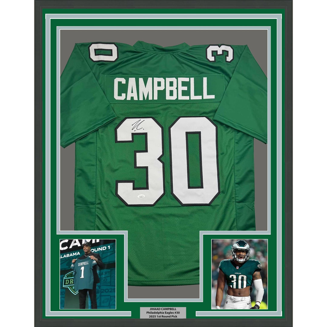 Framed Autographed/Signed Jihaad Campbell 35x39 Kelly Green Jersey JSA COA