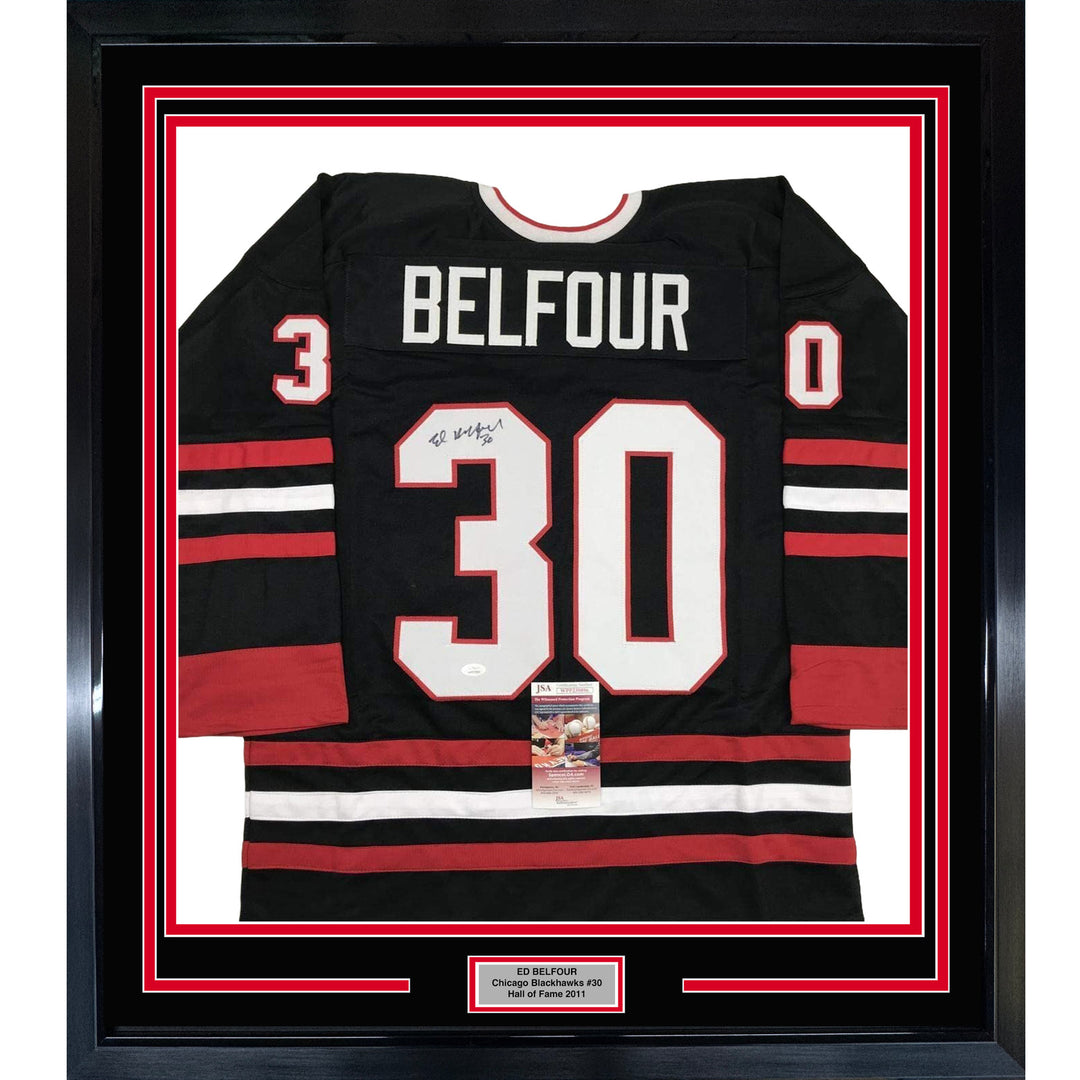 Framed Autographed/Signed Ed Belfour 35x39 Chicago Black Hockey Jersey JSA COA
